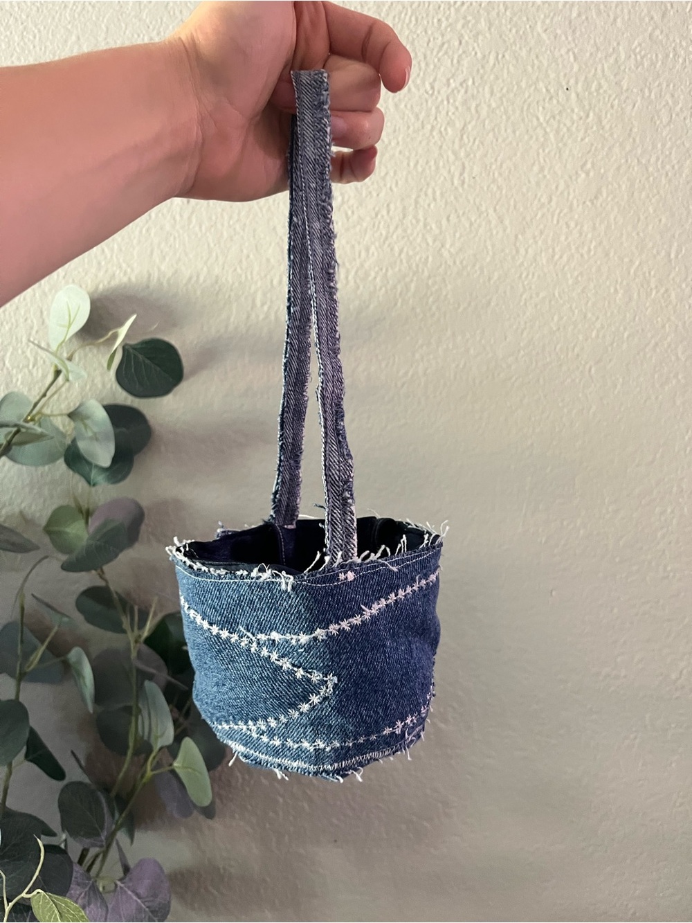 Denim Mini Bucket Bag with Frayed Stitch Detail - Blue